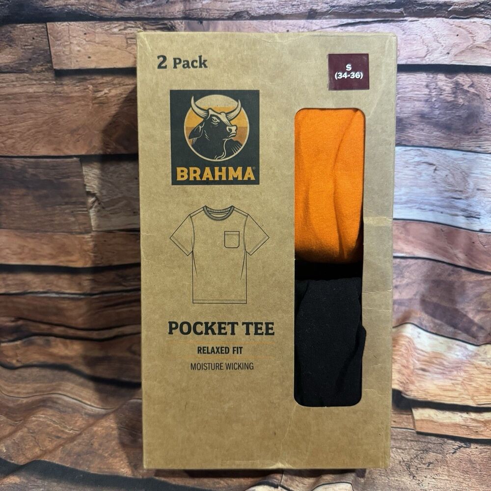 Brahma Men Pocket Tee 2 Pack Relaxed Fit Small S Black Orange Moisture Wicking